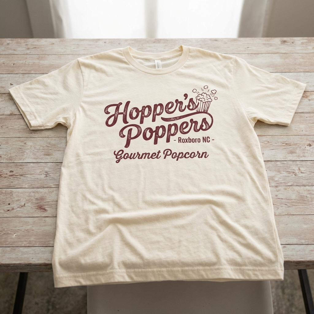 Cream t-shirt with Hopper's Poppers logo